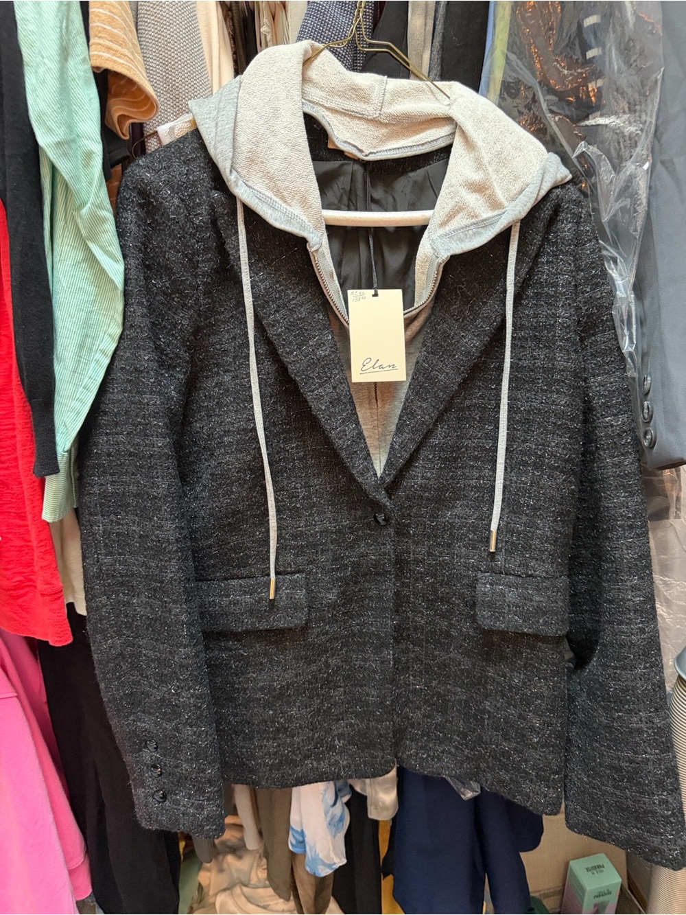 ELAN Black Tweed Blazer W/ removable hood grey sweatshirt BNWT RT $138 Sz Med